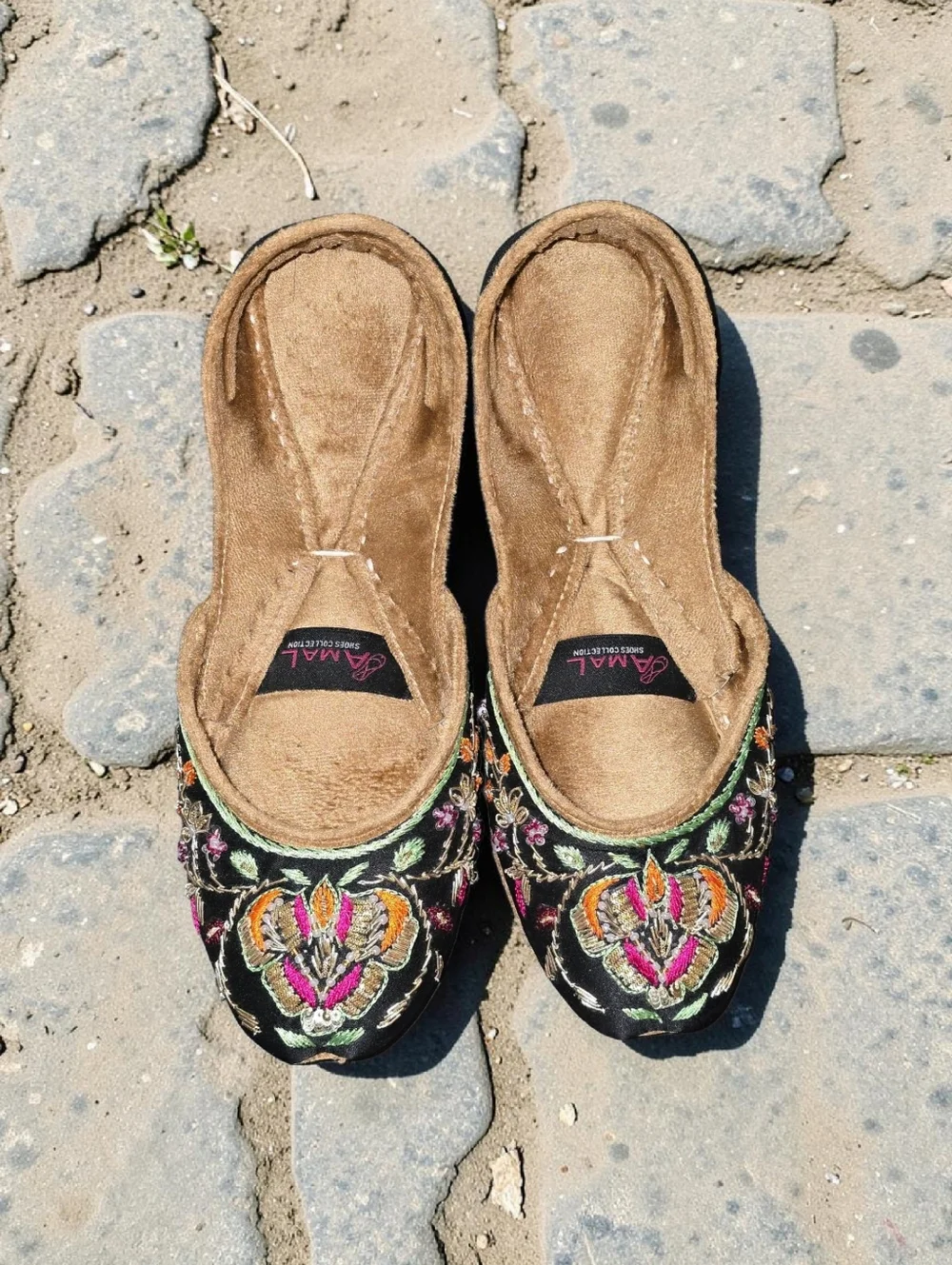 Amal Collection Floral Embroidered Black Khussa Flats - Picture 1 of 10